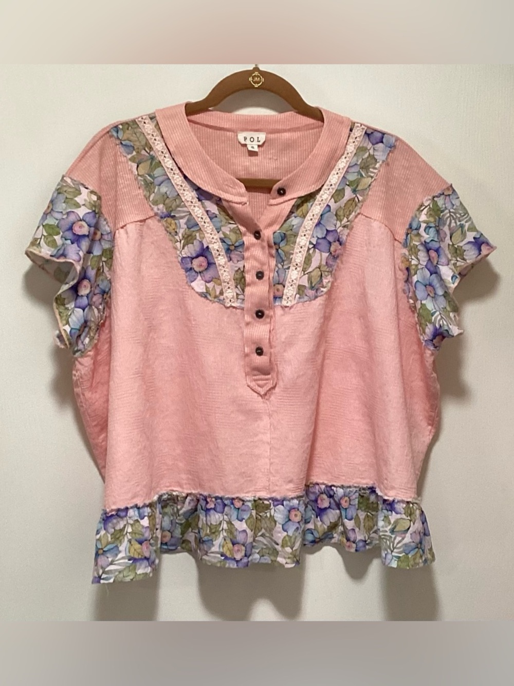 POL Pink Floral Button-Front Cottage Blouse